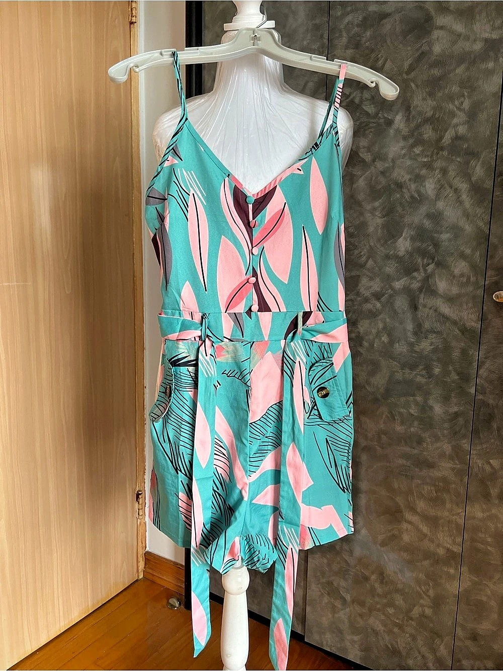 Button Front Tropical Print Belted Cami RomperTurquoise & Pink Small